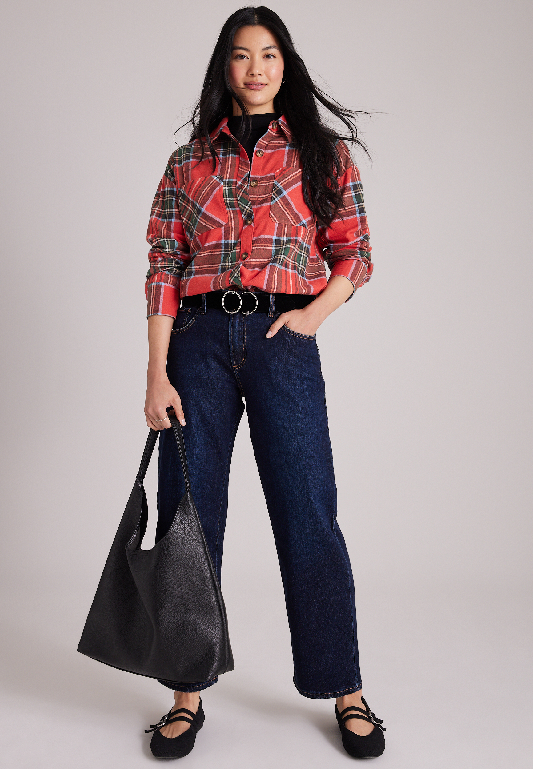 Cotton Flannel Plaid Button Front Shirt, C1859, large