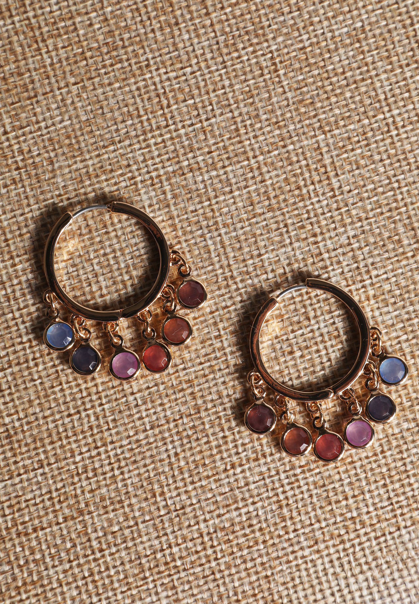 Gold Multicolor Stone Charm Hoop Earrings, C605, large
