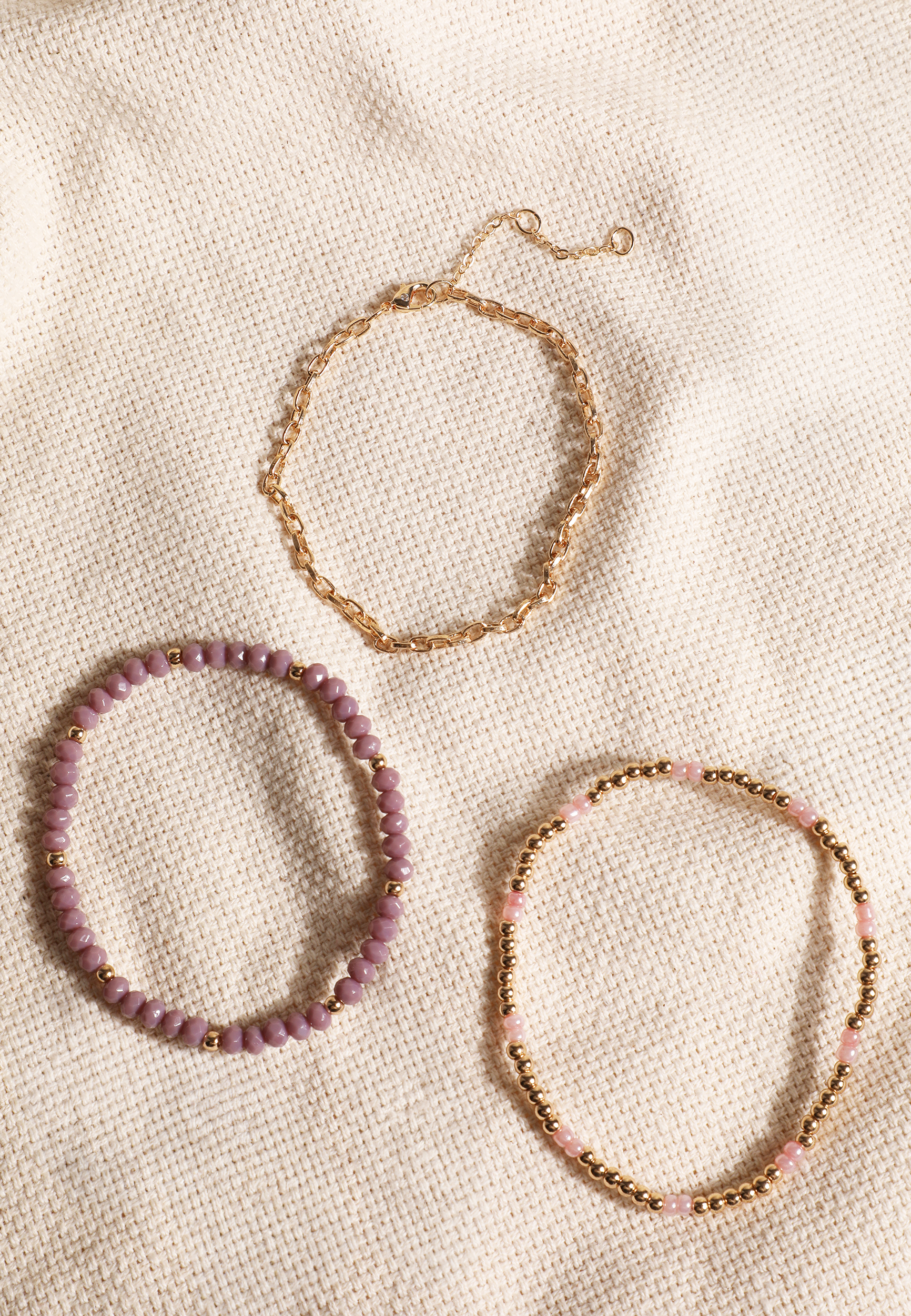 Gold And Pink Beaded Stretch Bracelet Set, C605, large