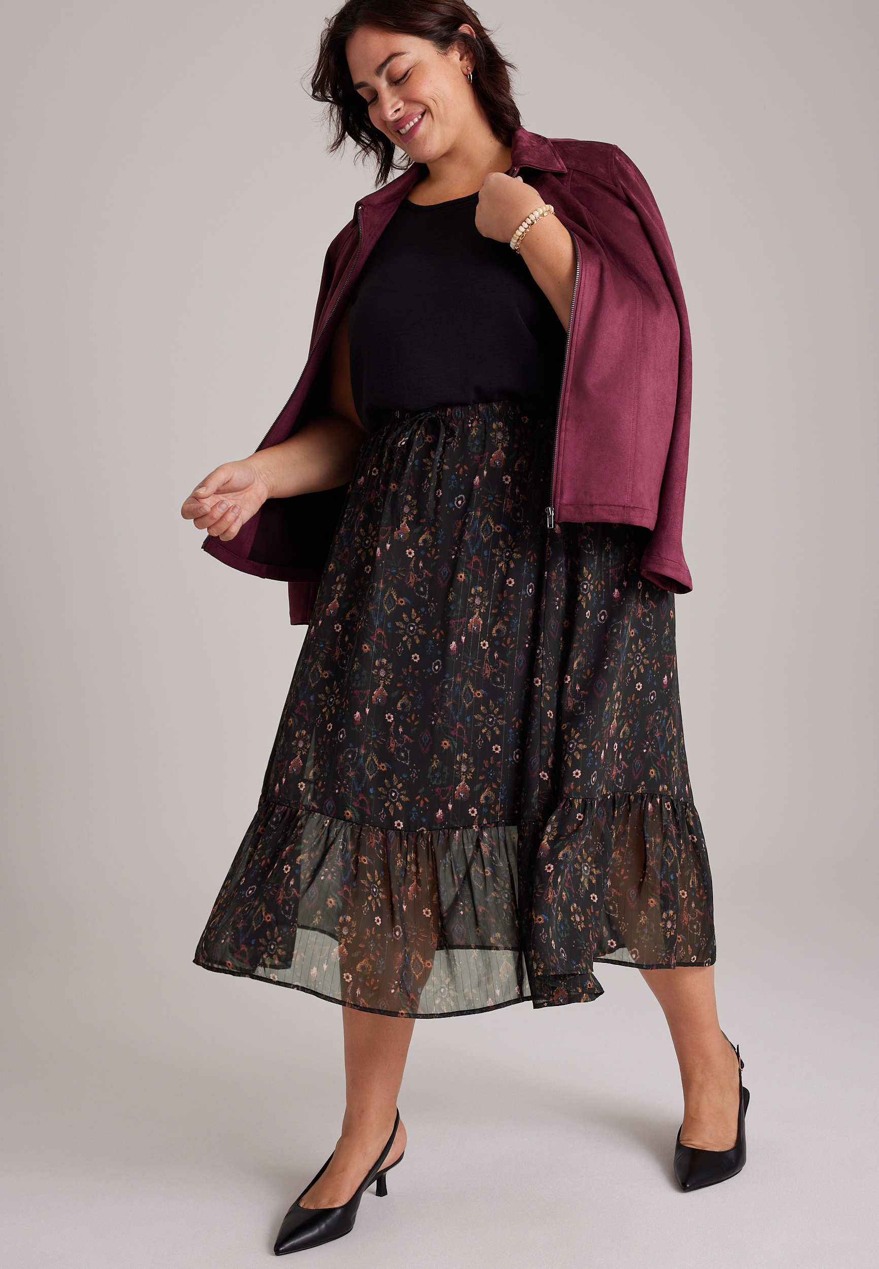 Plus Size High Rise Chiffon Midi Skirt, C1756, large