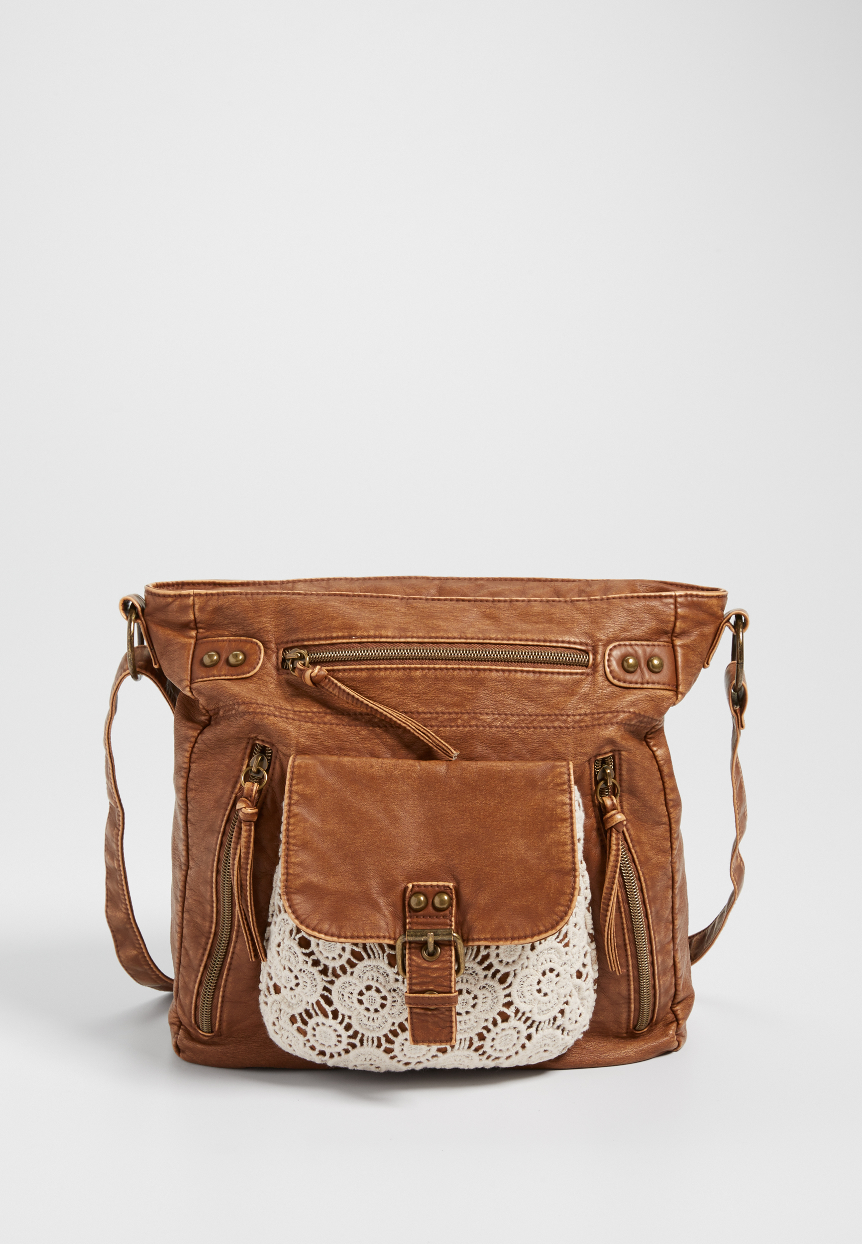 faux leather crossbody bag with crocheted front pocket in cognac maurices