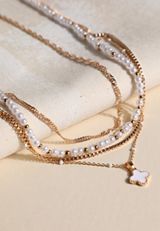 Faux Pearl Clover Charm Layered Necklace, C605, small