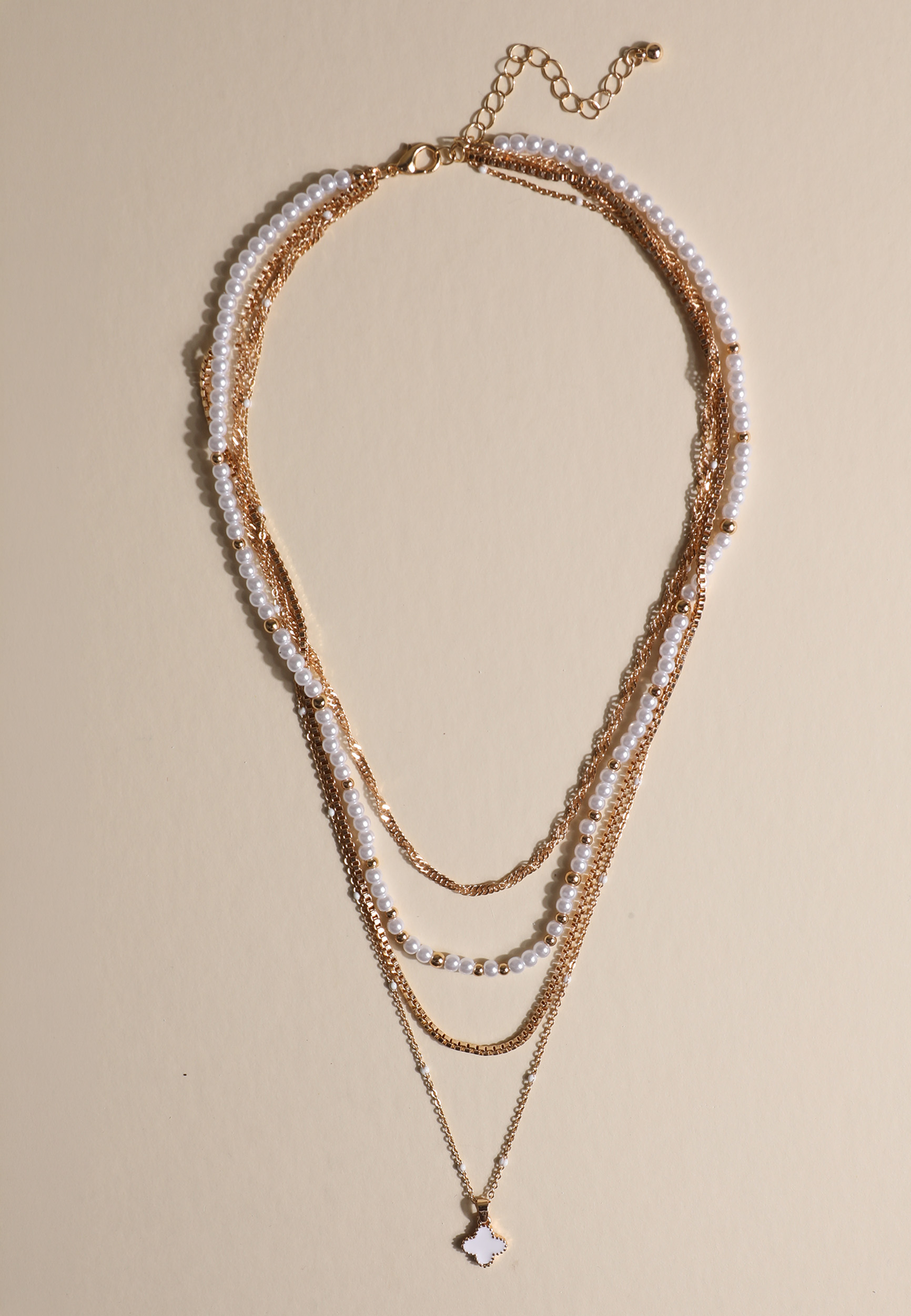Faux Pearl Clover Charm Layered Necklace, C605, large