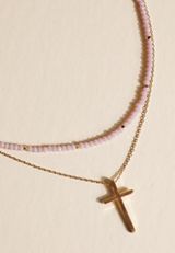 Blush Pink Beaded Cross Layered Necklace, , small