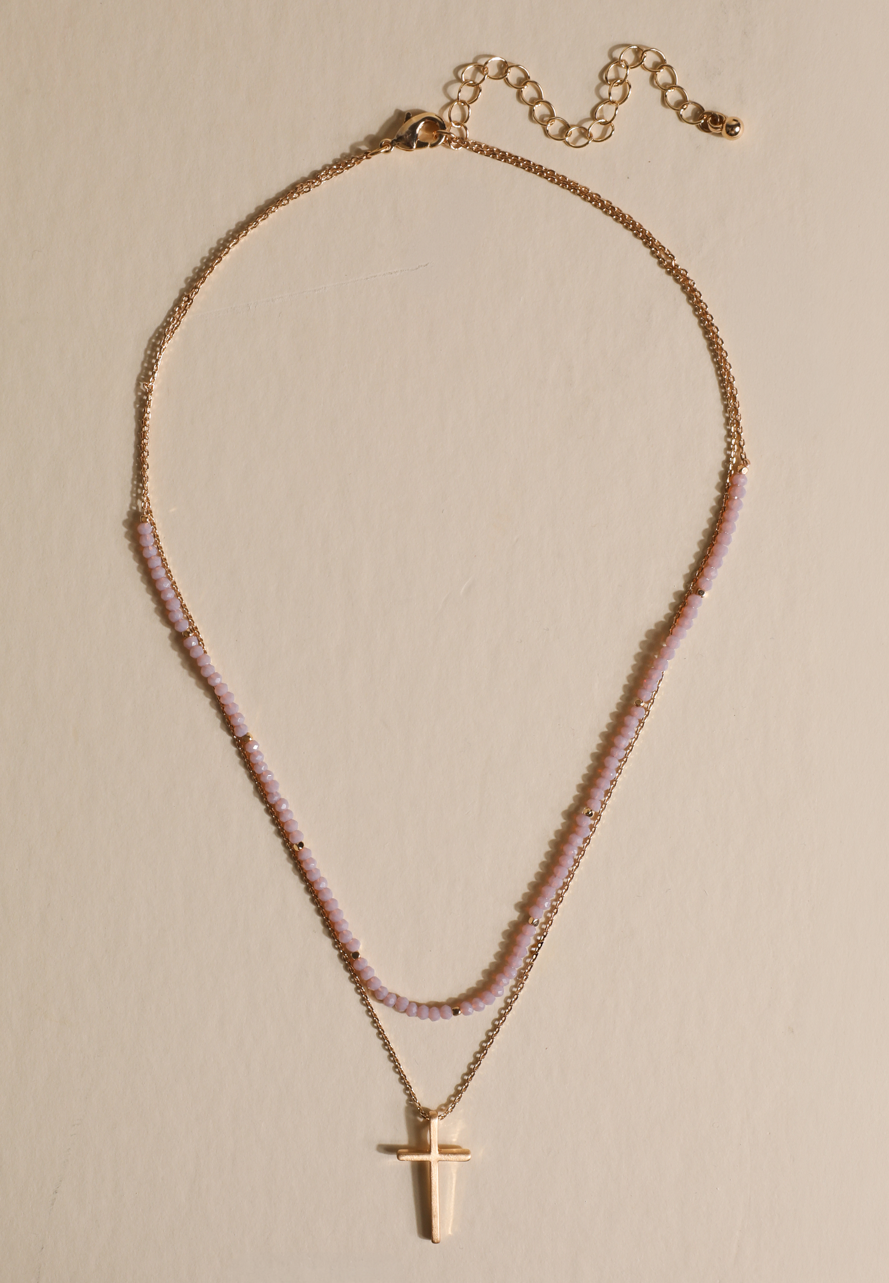 Blush Pink Beaded Cross Layered Necklace, , large