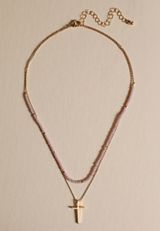 Blush Pink Beaded Cross Layered Necklace, , small