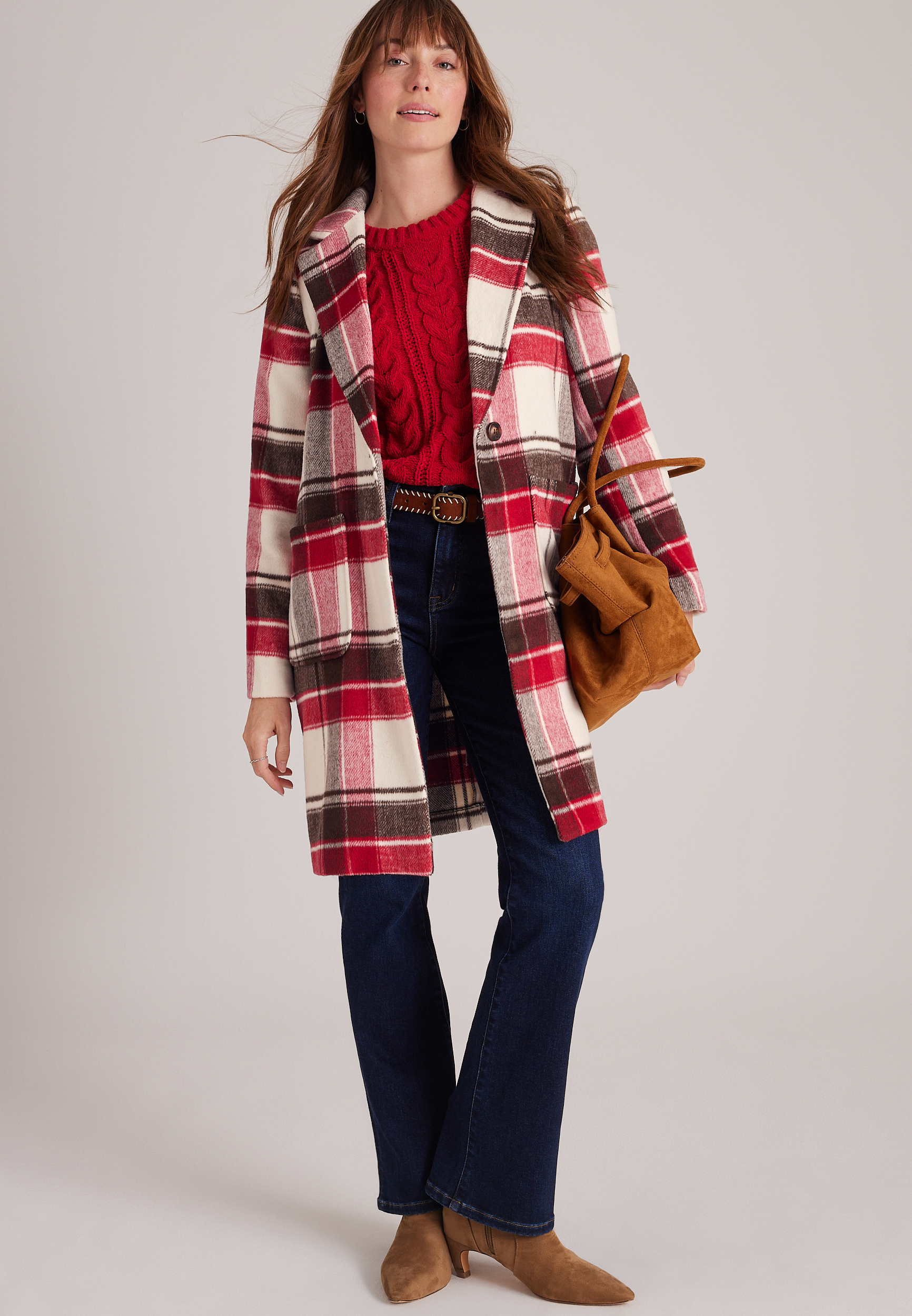 Red Plaid Dress Coat, C5679, large