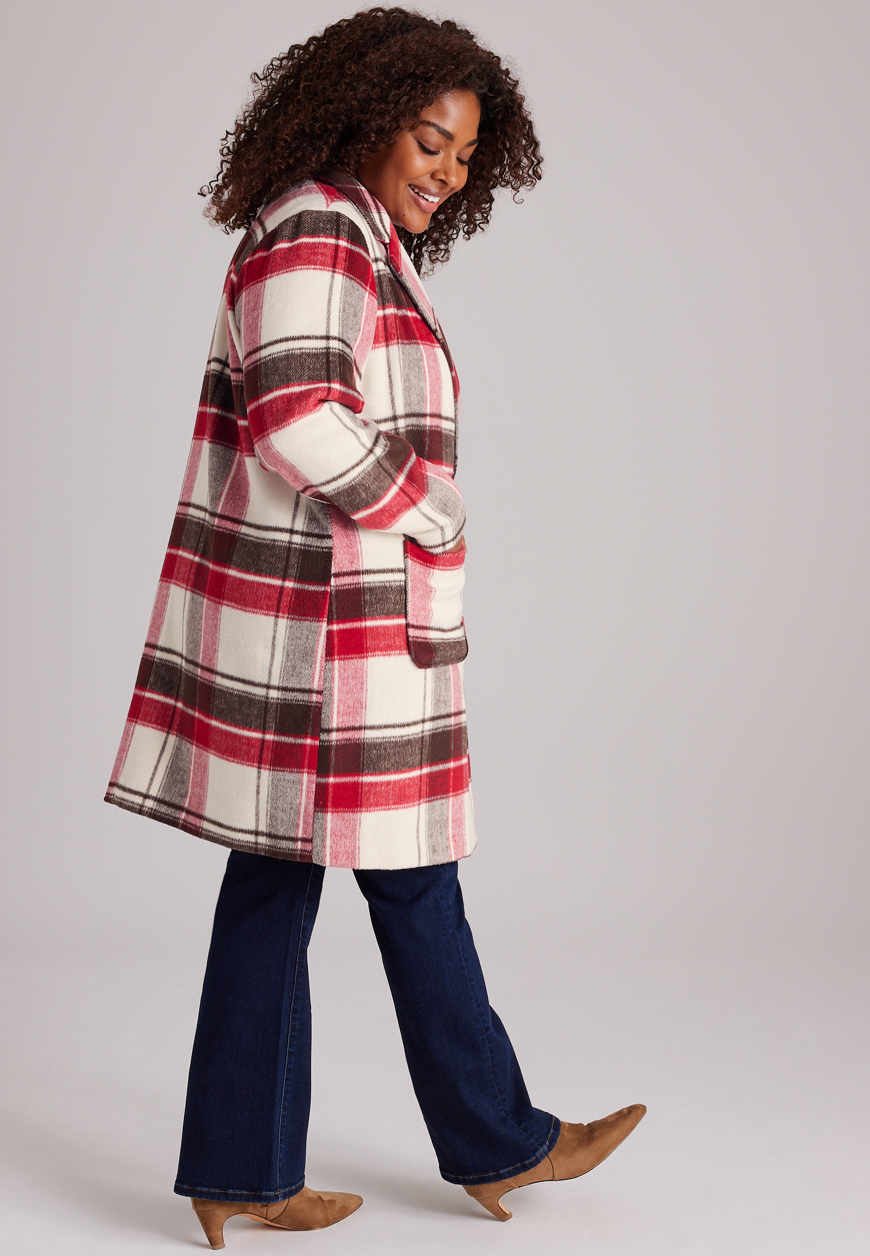 Plus Size Red Plaid Dress Coat, C5679, large