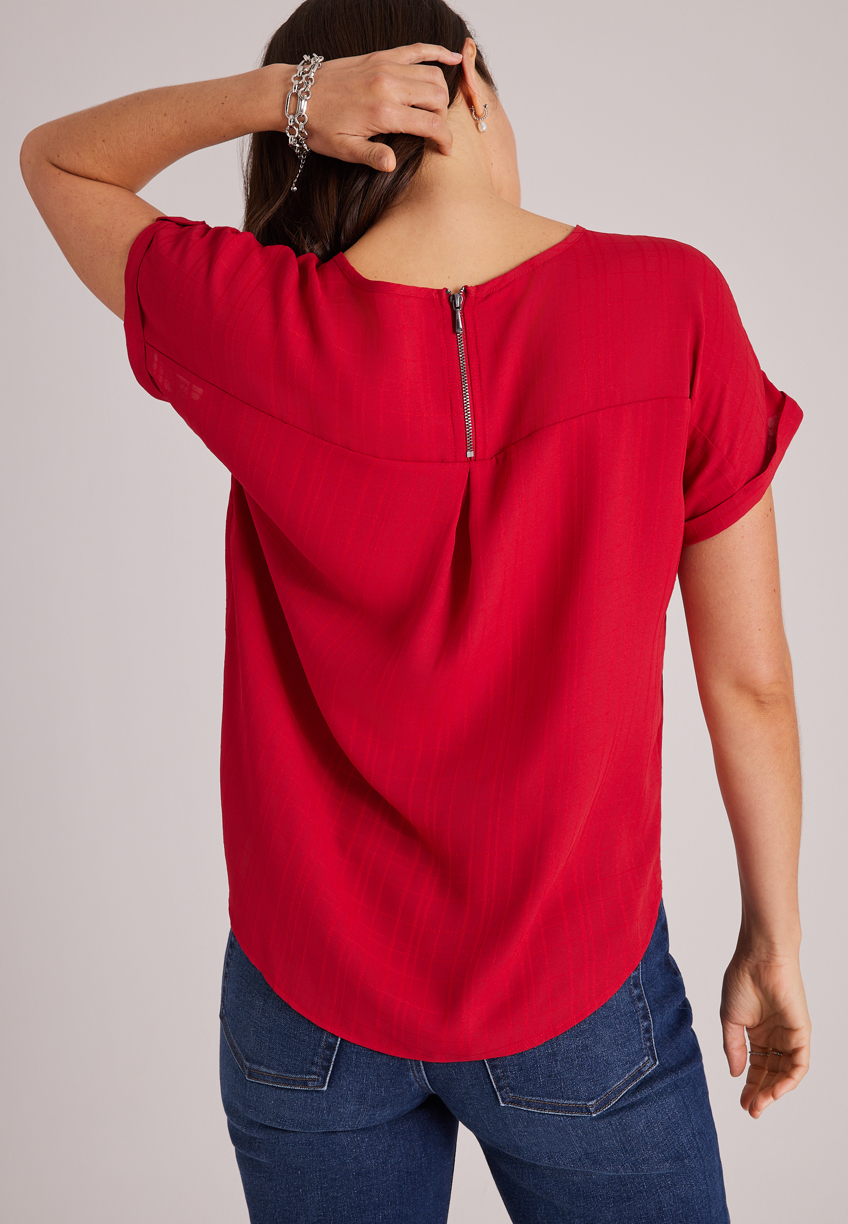 Delton Textured Short Sleeve Zip Back Blouse, C5006, large