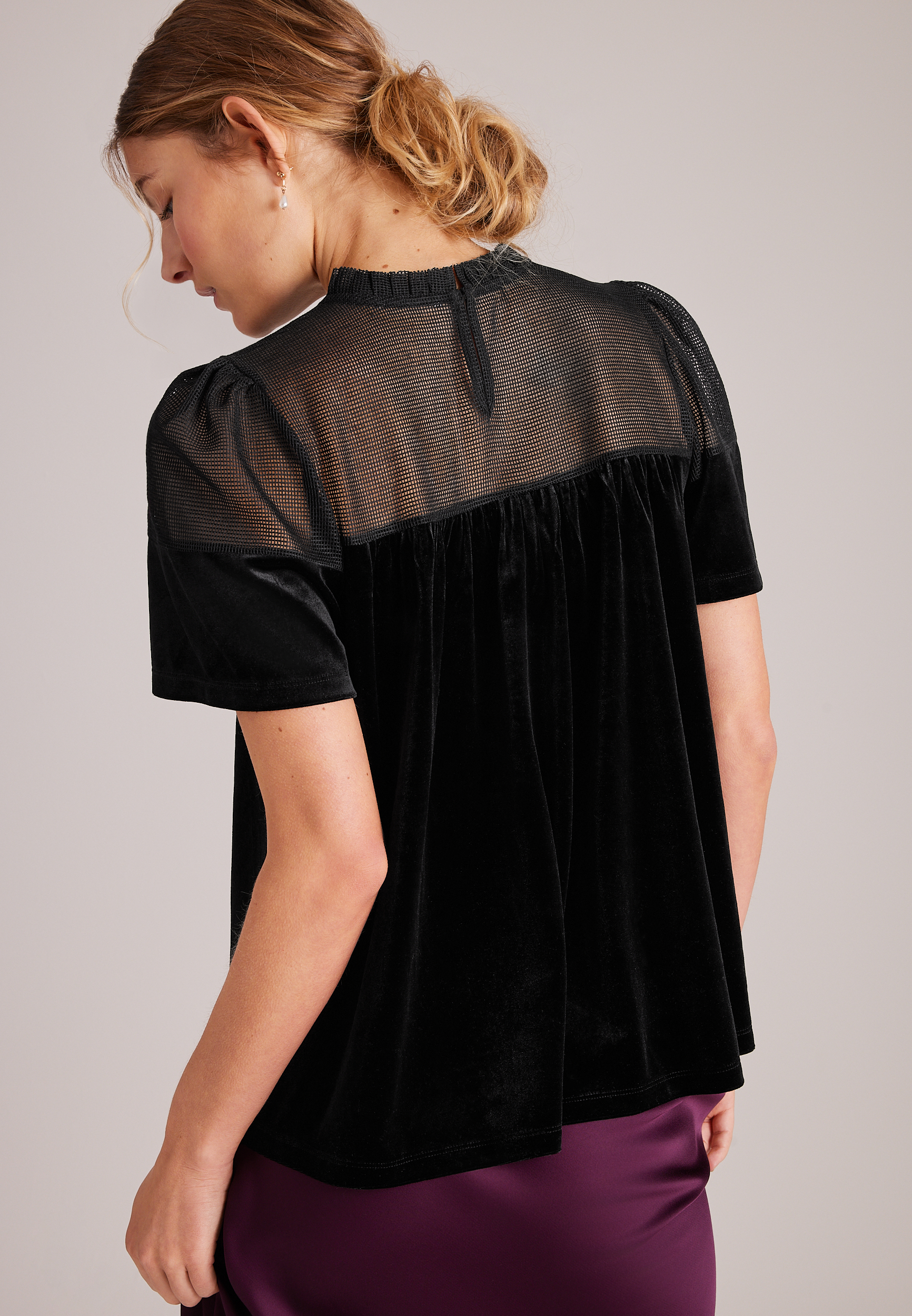 Velvet Crochet Yoke Top, C106, large