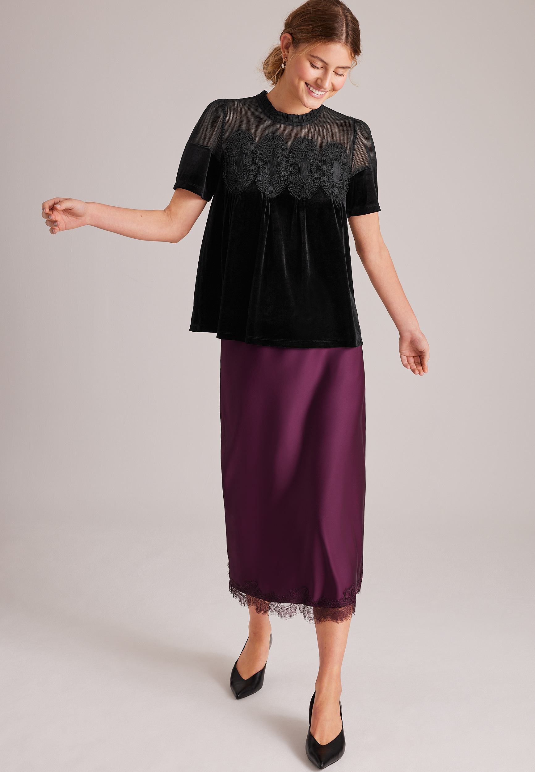 Velvet Crochet Yoke Top, C106, large