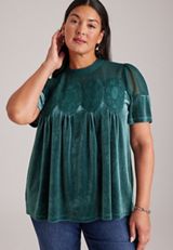 Plus Size Velvet Crochet Yoke Top, C1149, small