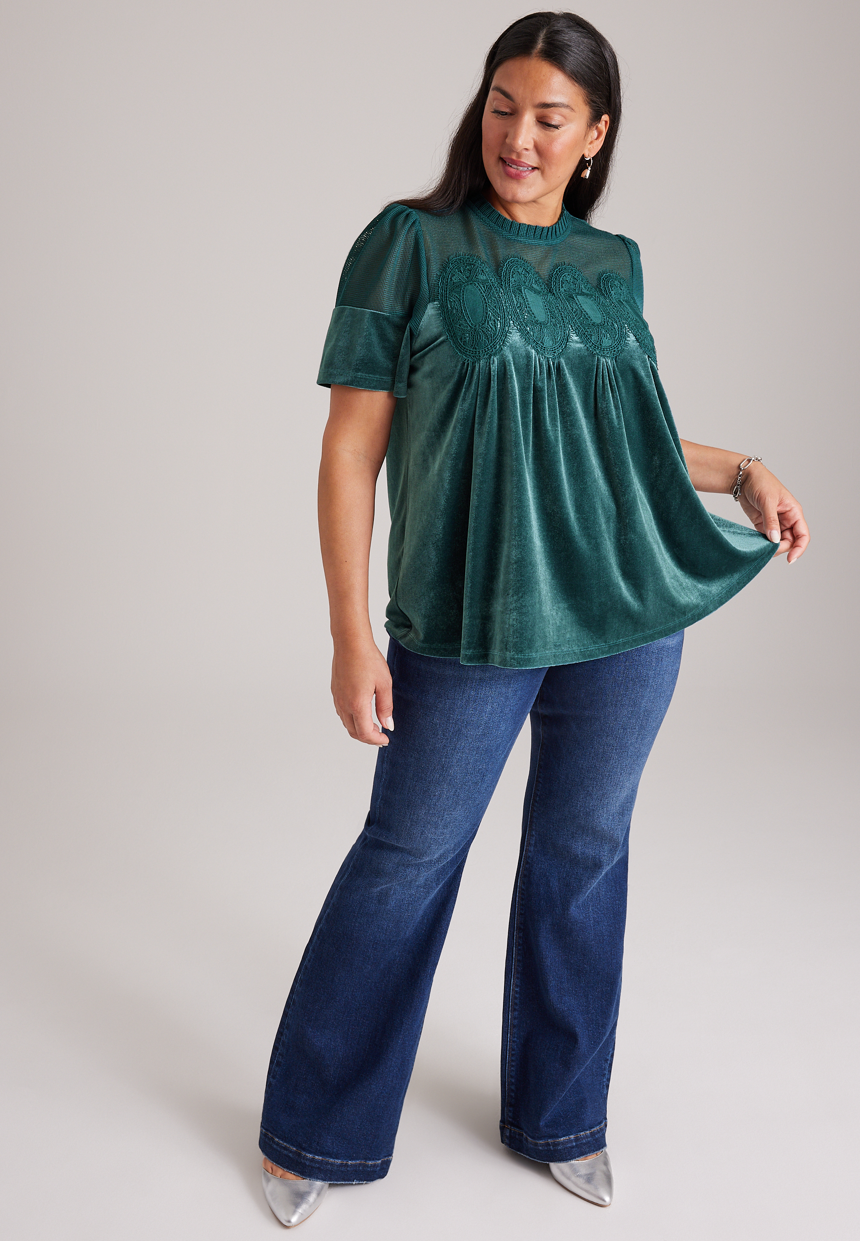 Plus Size Velvet Crochet Yoke Top, C1149, large