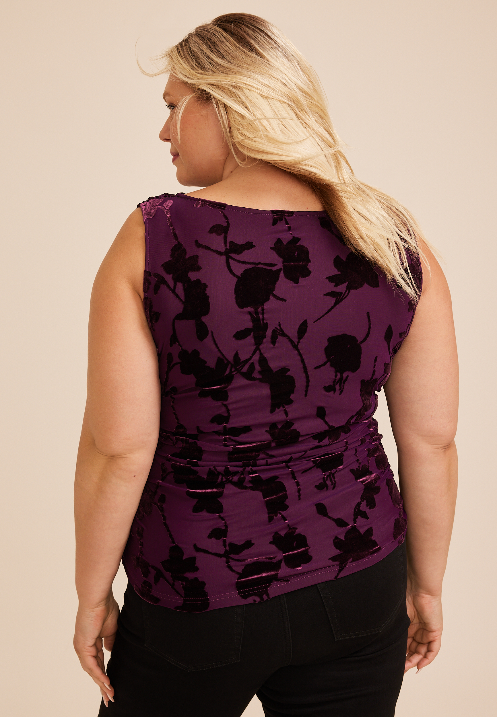 Plus Size Studio Y Floral Flocked Mesh Tank Top, POTENT PURPLE, large