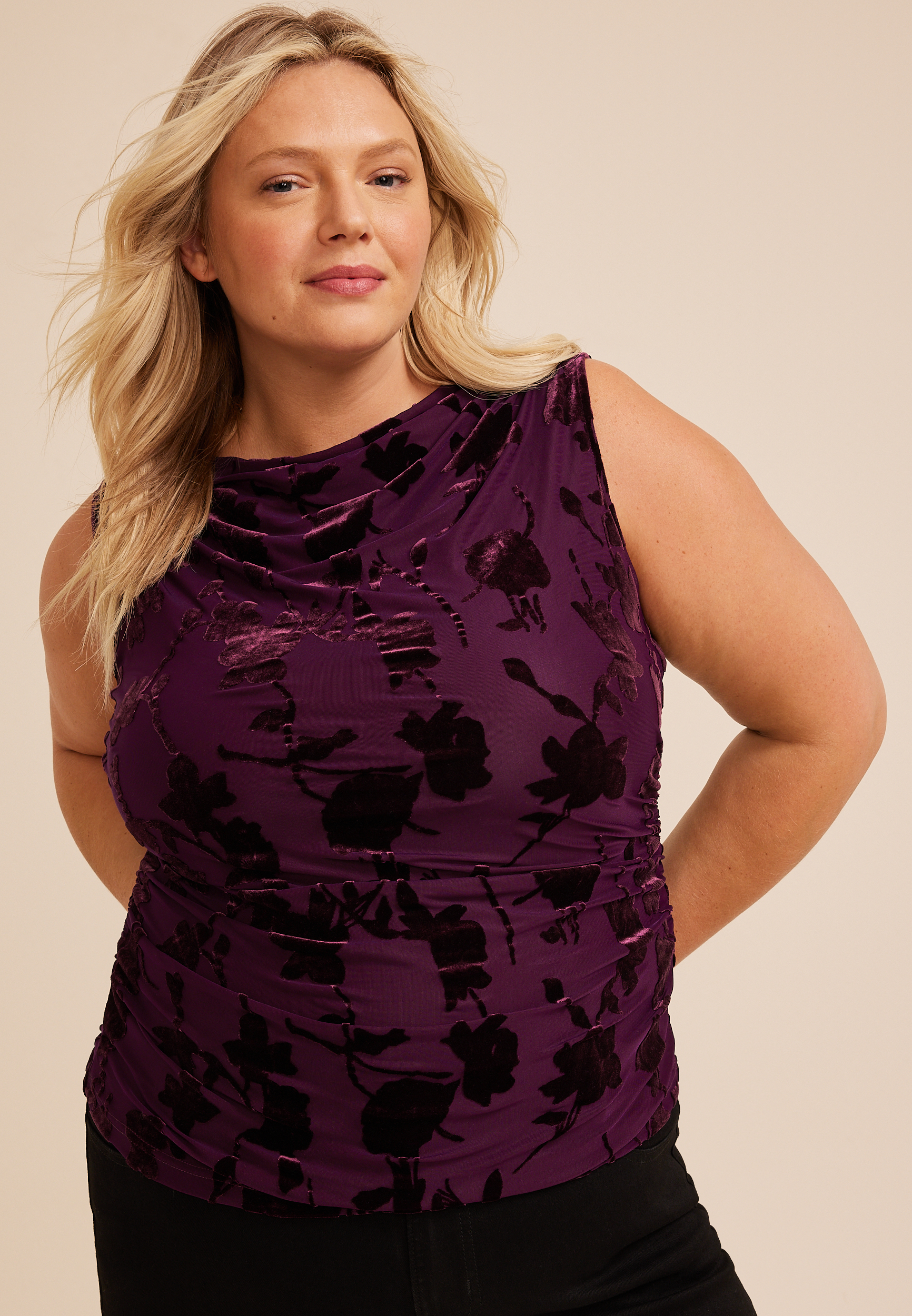 Plus Size Studio Y Floral Flocked Mesh Tank Top, POTENT PURPLE, large