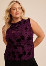 Plus Size Studio Y Floral Flocked Mesh Tank Top, POTENT PURPLE, small