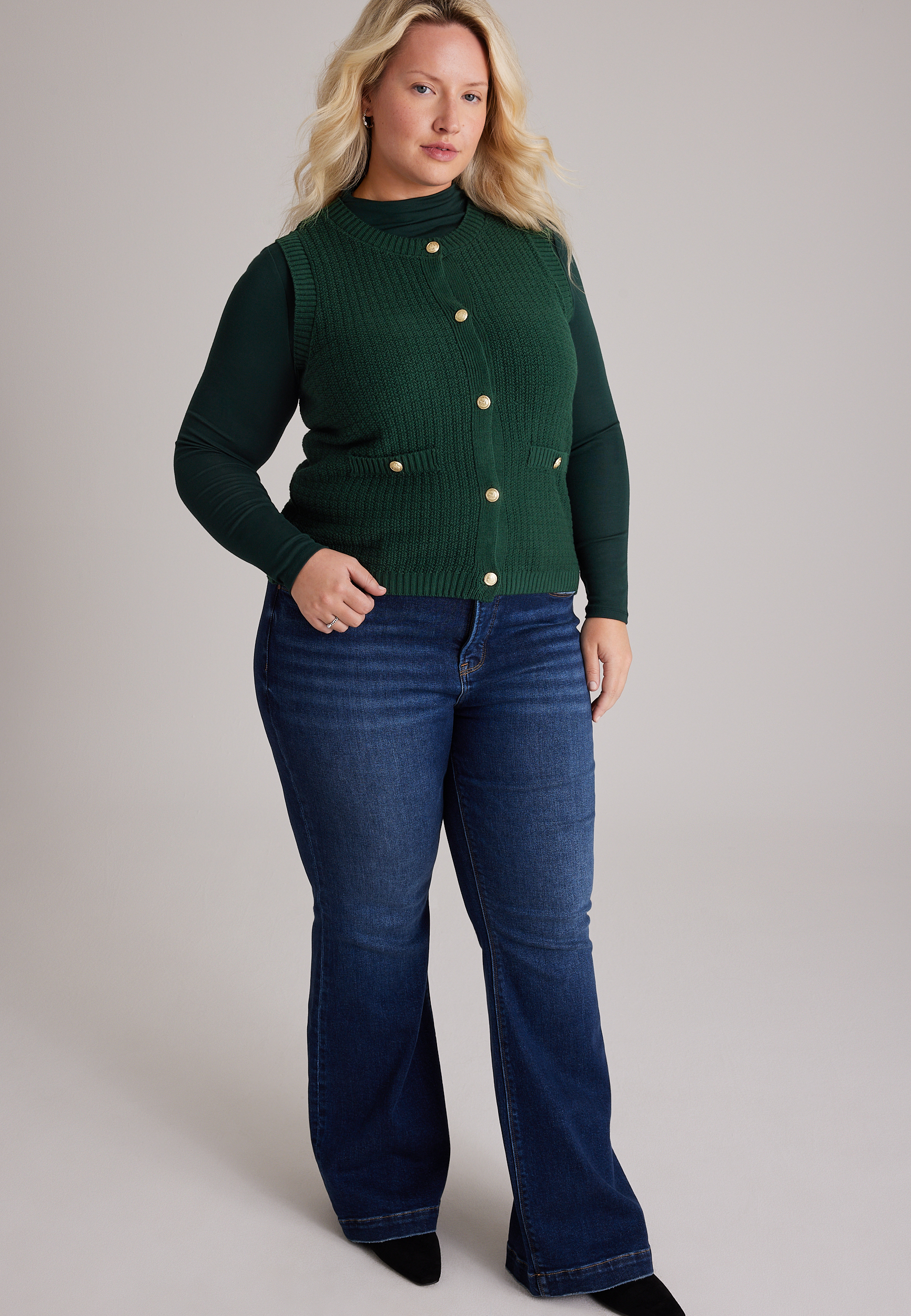 Plus Size Shaker Stitch Button Front Sweater Vest, C7147, large