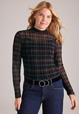 Plaid Sheer Mesh Mock Neck Top, C1756, small