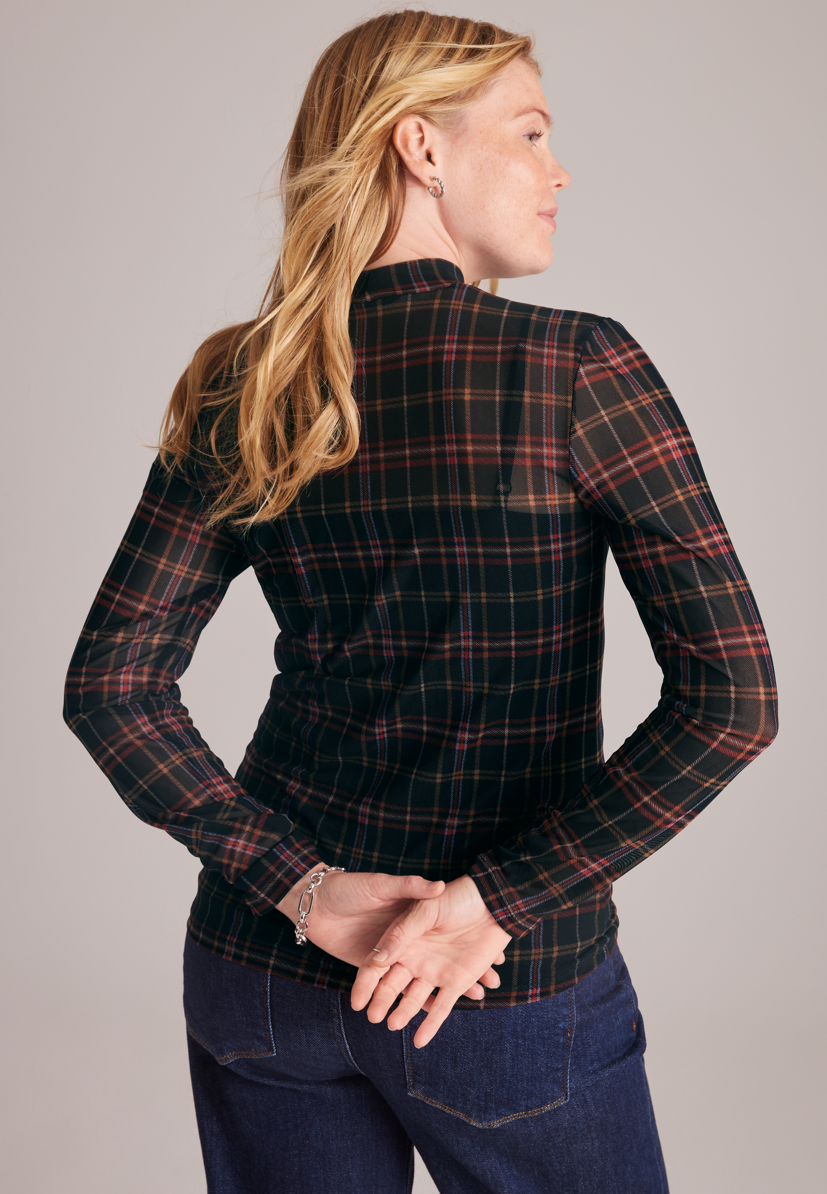 Plaid Sheer Mesh Mock Neck Top, C1756, large