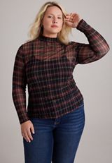 Plus Size Plaid Sheer Mesh Mock Neck Top, C1756, small
