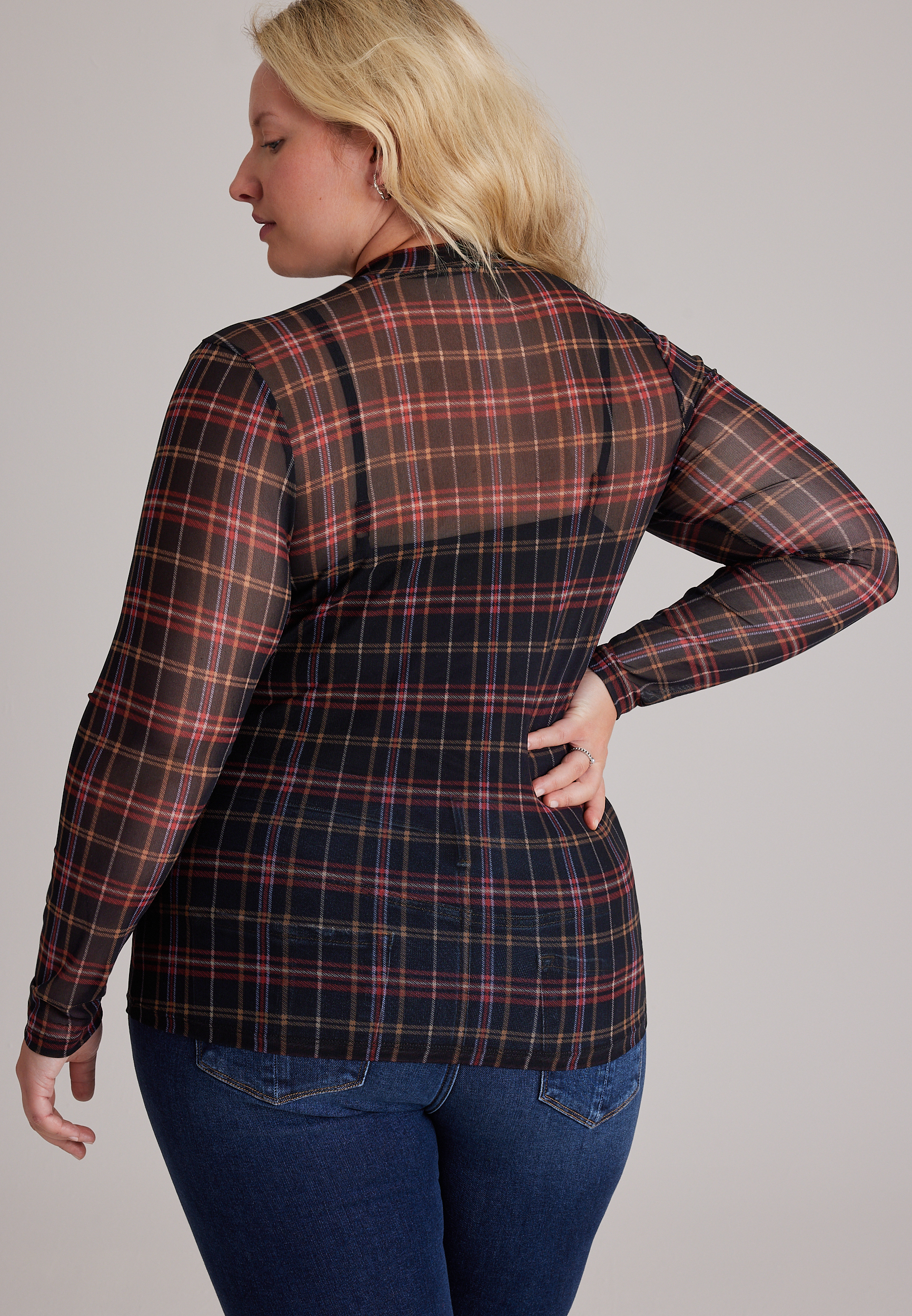Plus Size Plaid Sheer Mesh Mock Neck Top, C1756, large