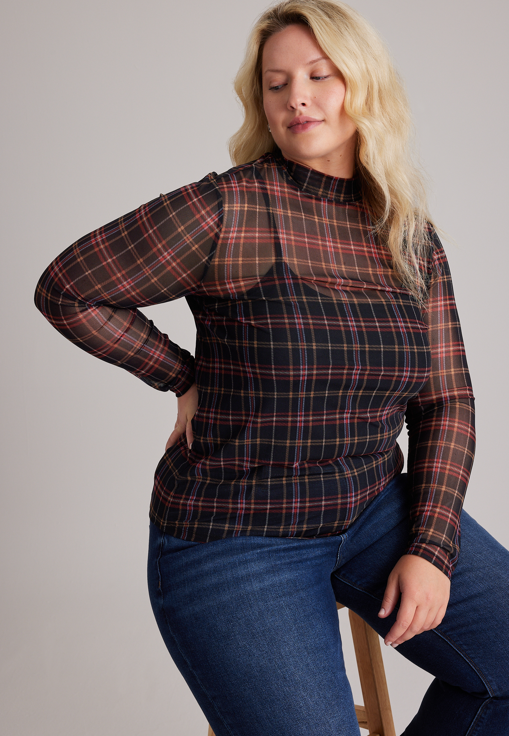 Plus Size Plaid Sheer Mesh Mock Neck Top, C1756, large