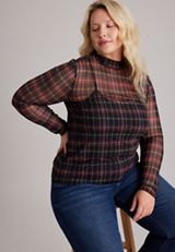 Plus Size Plaid Sheer Mesh Mock Neck Top, C1756, small