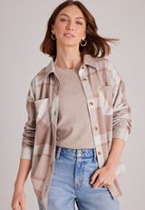 Knit Jacquard Plaid Button Front Shirt, C1265, small
