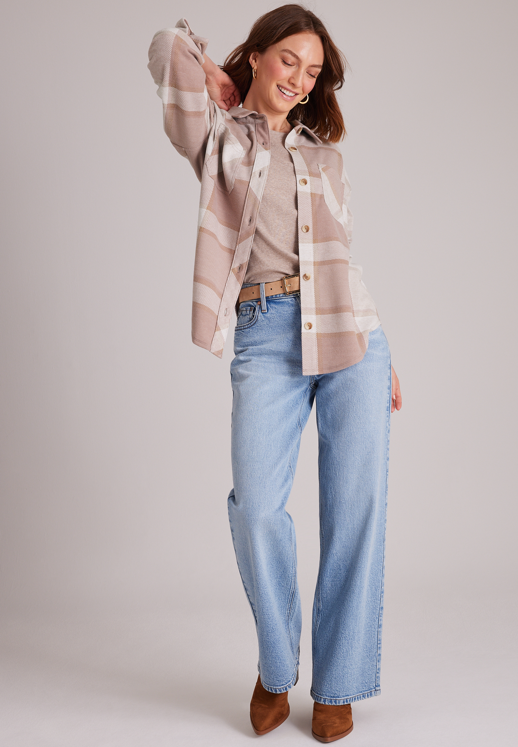 Knit Jacquard Plaid Button Front Shirt, C1265, large