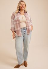 Plus Size Knit Jacquard Plaid Button Front Shirt, C1265, small