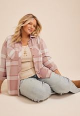 Plus Size Knit Jacquard Plaid Button Front Shirt, C1265, small