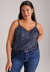 Plus Size Sequin Cinch V Neck Cami, C6125, small
