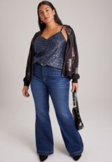 Plus Size Sequin Cinch V Neck Cami, C6125, small