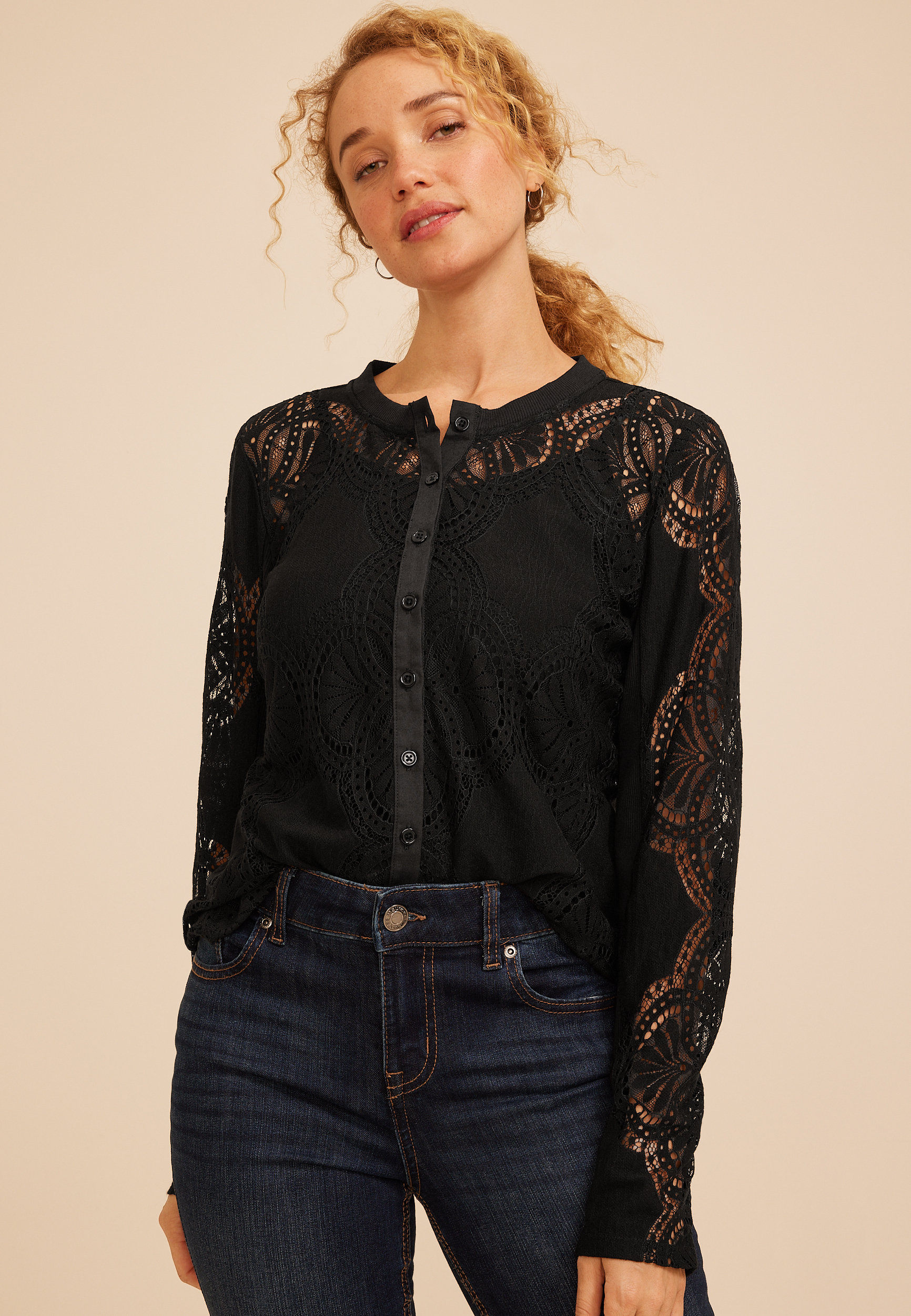 Lace Button Front Blouse, C106, large