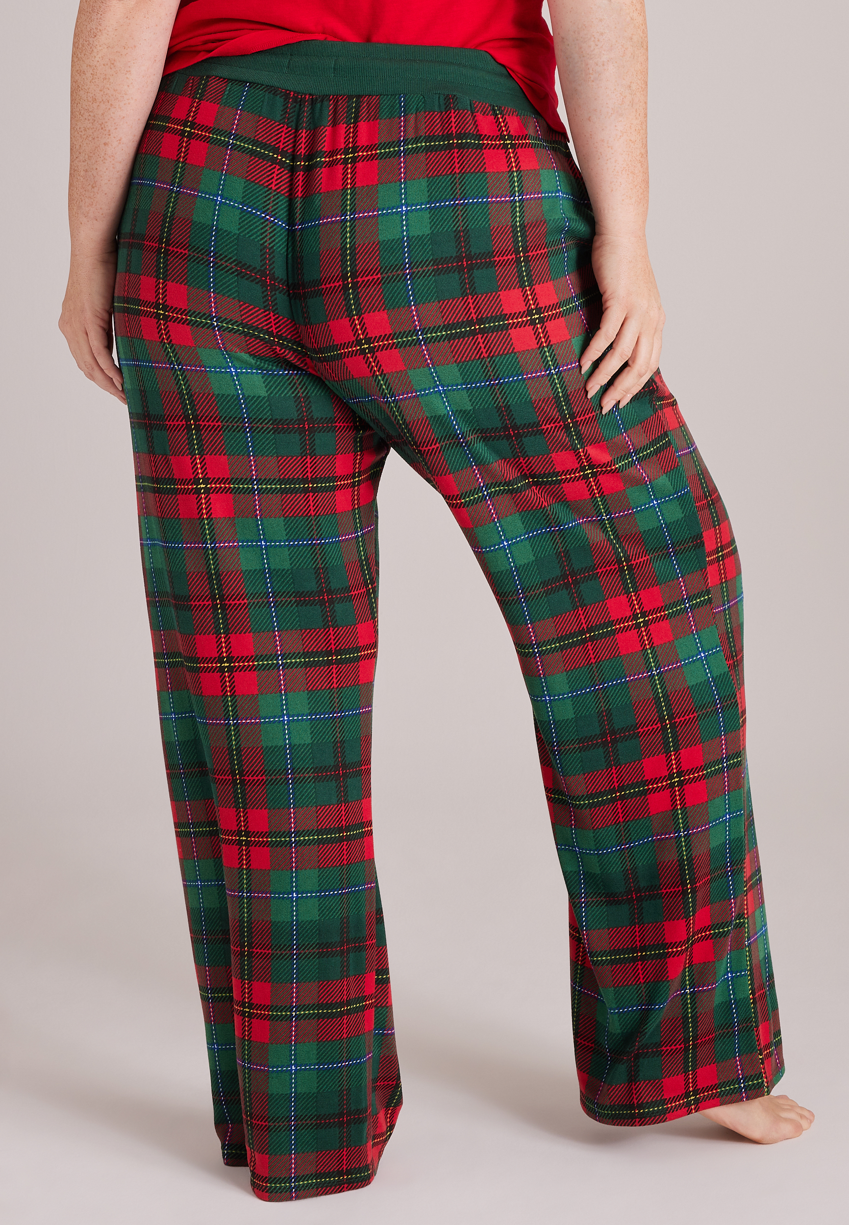 Plus Size Holiday Plaid Hacci Wide Leg Pajama Pants, C5273, large