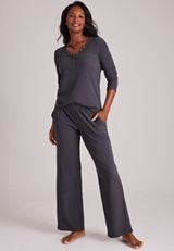 Cozy Henley Long Sleeve Top And Wide Leg Pajama Pants, C6125, small