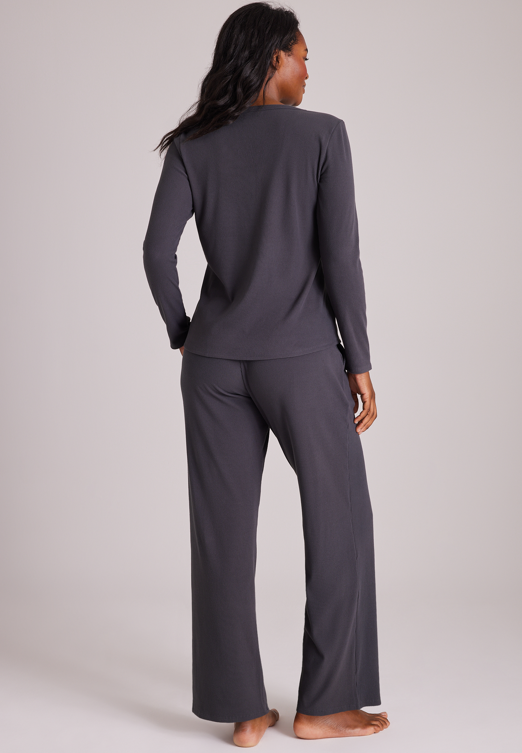 Cozy Henley Long Sleeve Top And Wide Leg Pajama Pants, C6125, large