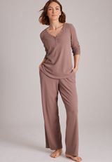 Cozy Henley Long Sleeve Top And Wide Leg Pajama Pants, C9247, small