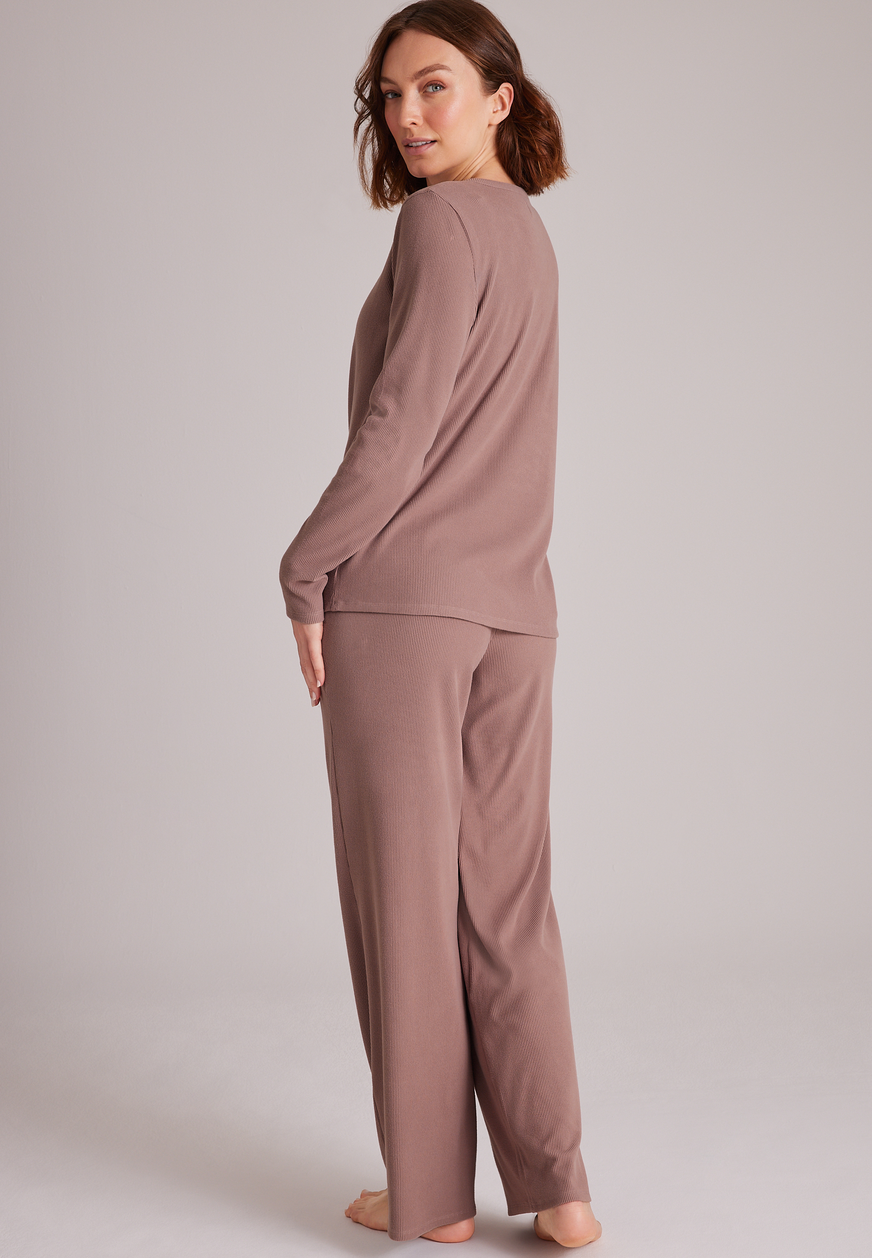 Cozy Henley Long Sleeve Top And Wide Leg Pajama Pants, C9247, large