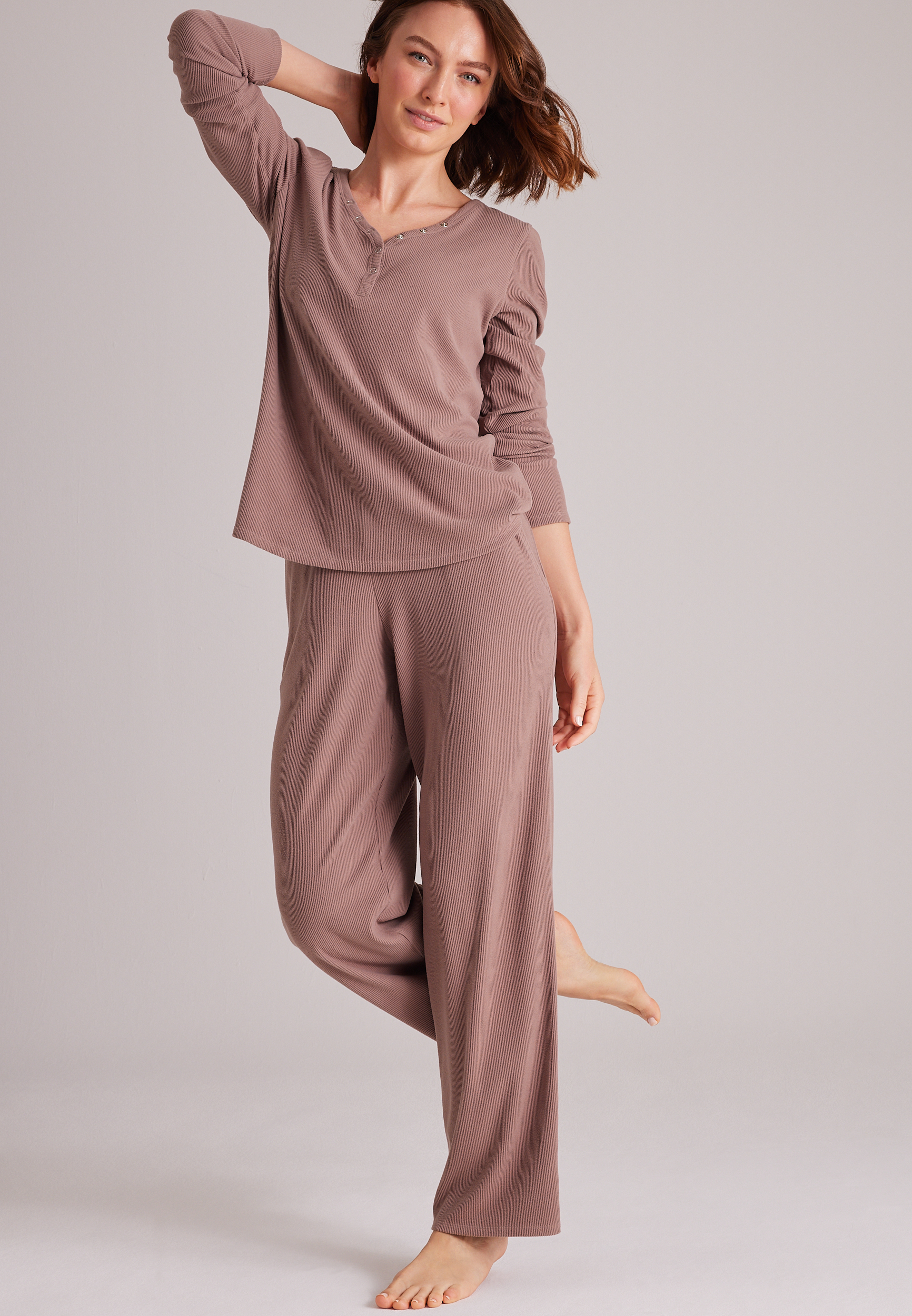 Cozy Henley Long Sleeve Top And Wide Leg Pajama Pants, C9247, large