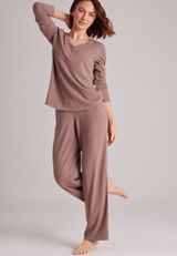 Cozy Henley Long Sleeve Top And Wide Leg Pajama Pants, C9247, small