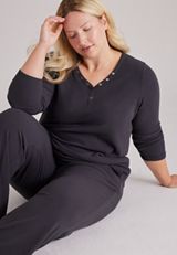 Plus Size Cozy Henley Long Sleeve Top And Wide Leg Pajama Pants, C6125, small