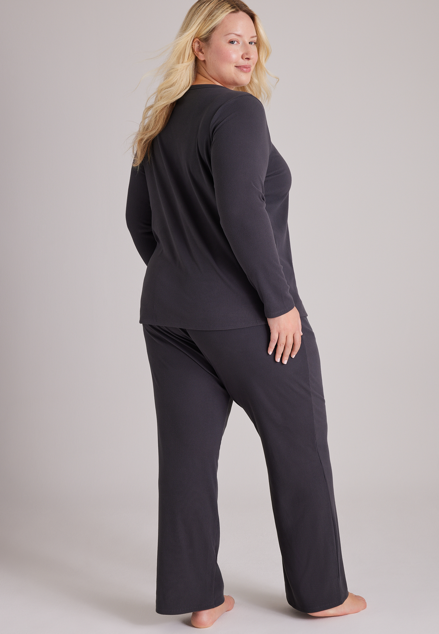 Plus Size Cozy Henley Long Sleeve Top And Wide Leg Pajama Pants, C6125, large