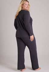 Plus Size Cozy Henley Long Sleeve Top And Wide Leg Pajama Pants, C6125, small