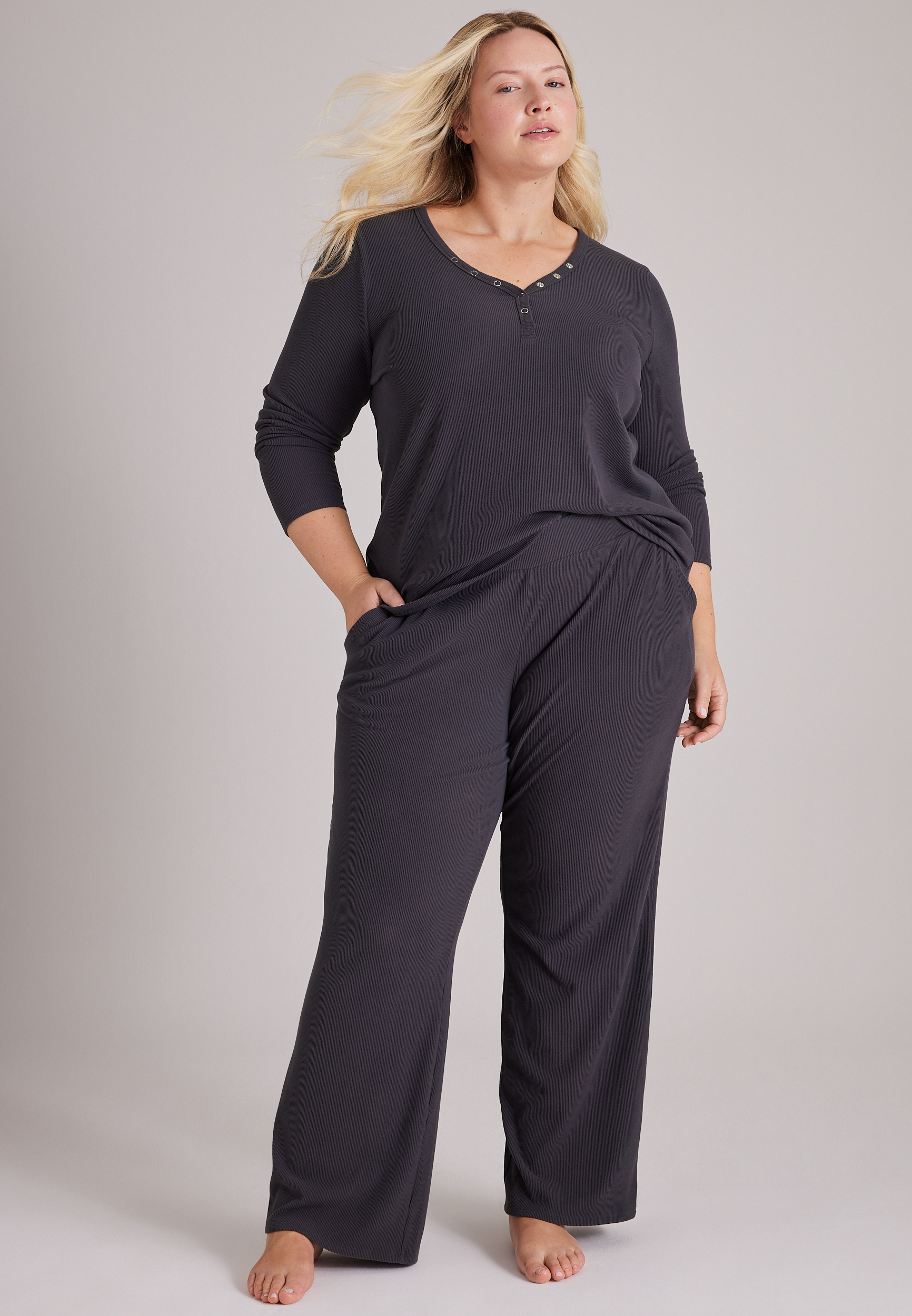 Plus Size Cozy Henley Long Sleeve Top And Wide Leg Pajama Pants, C6125, large