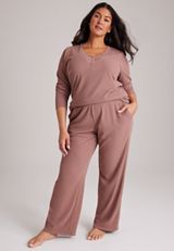 Plus Size Cozy Henley Long Sleeve Top And Wide Leg Pajama Pants, C9247, small
