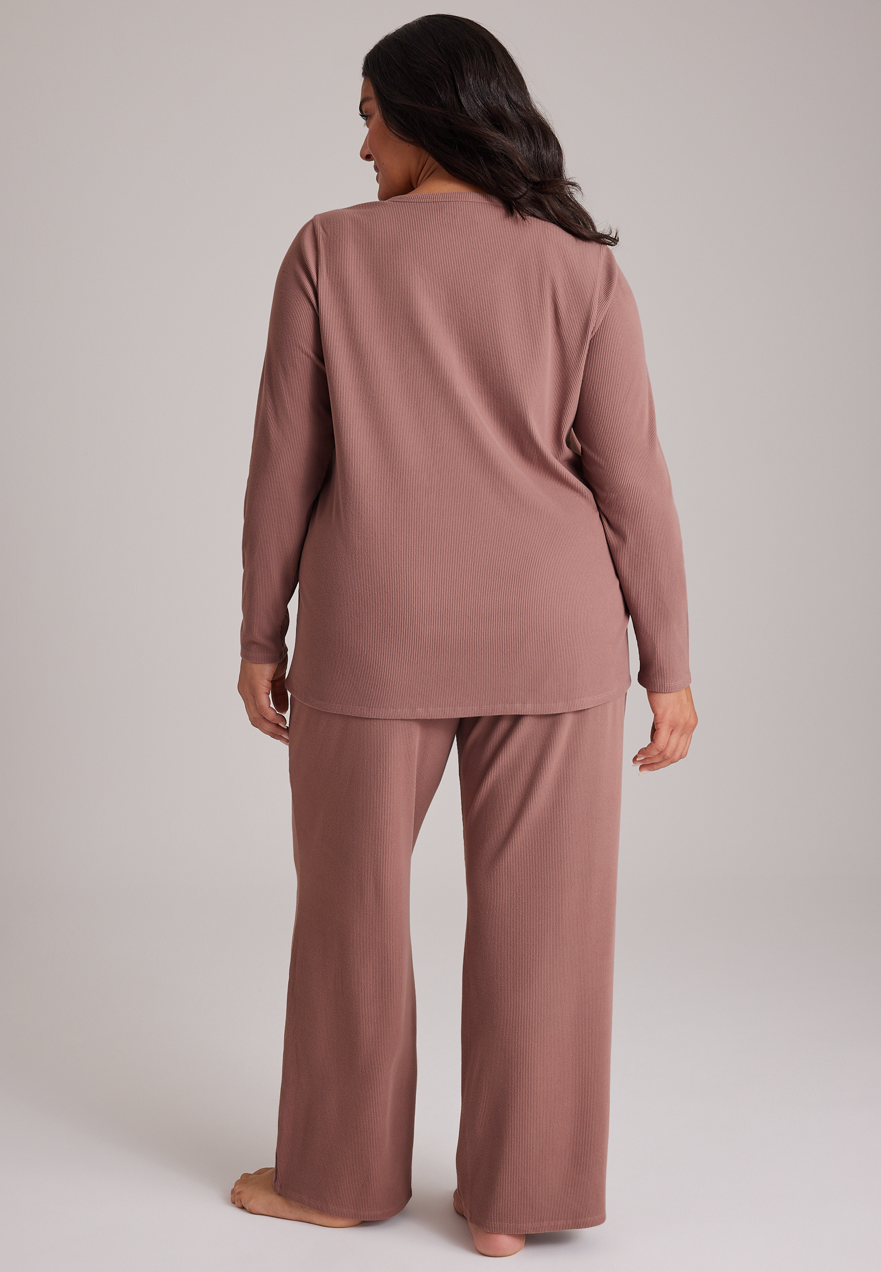 Plus Size Cozy Henley Long Sleeve Top And Wide Leg Pajama Pants, C9247, large