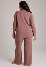 Plus Size Cozy Henley Long Sleeve Top And Wide Leg Pajama Pants, C9247, small