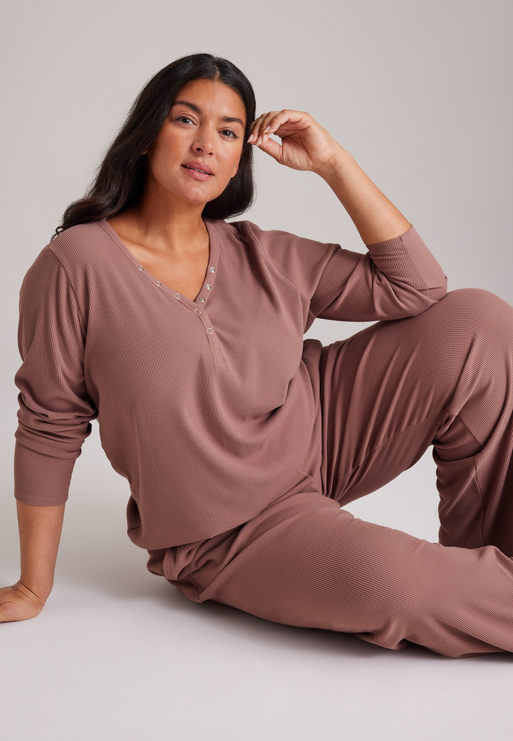 Plus Size Cozy Henley Long Sleeve Top And Wide Leg Pajama Pants, C9247, large