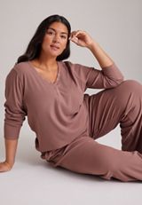 Plus Size Cozy Henley Long Sleeve Top And Wide Leg Pajama Pants, C9247, small